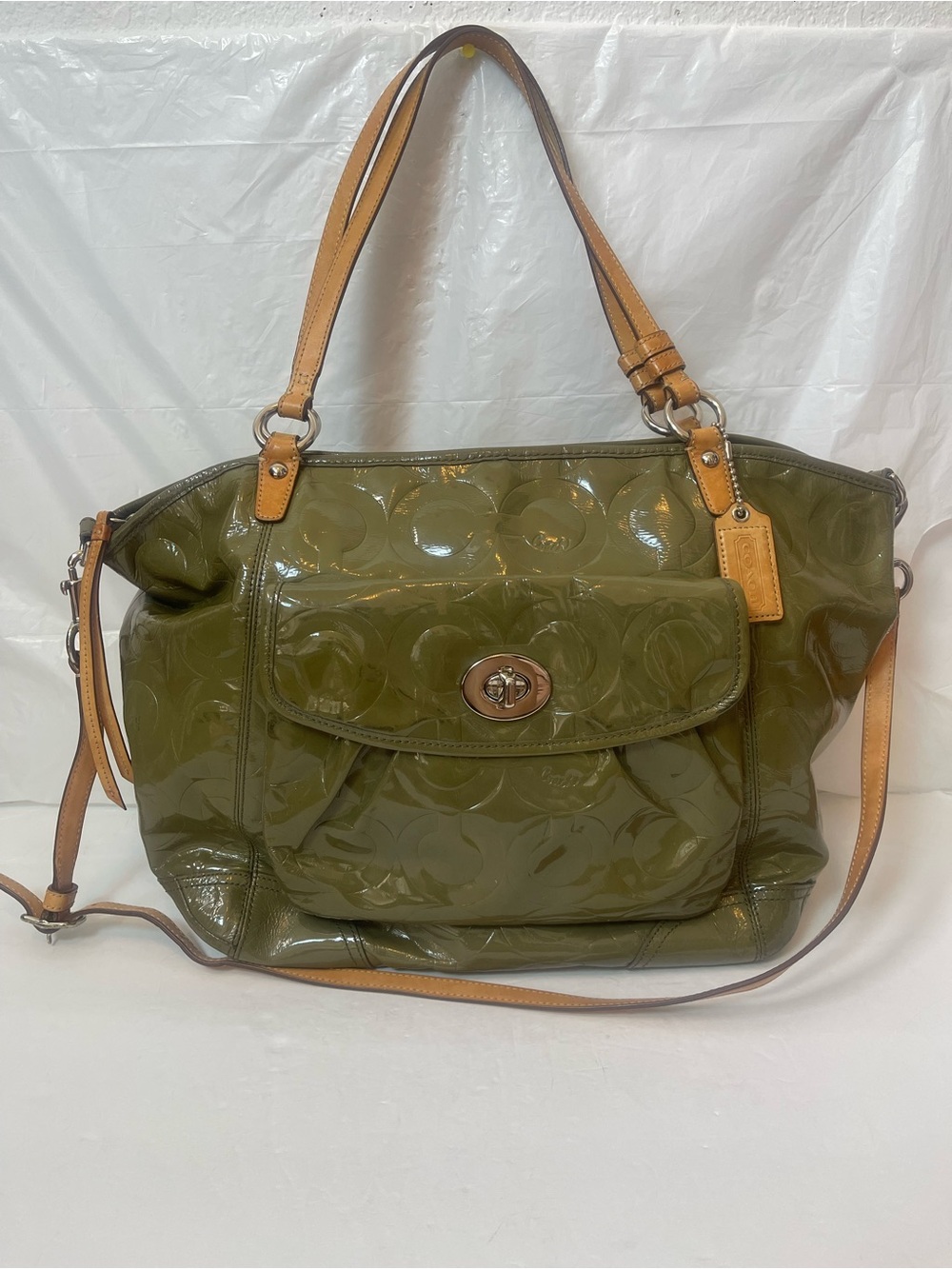 Coach 13179 patent olive green leather tote bag.